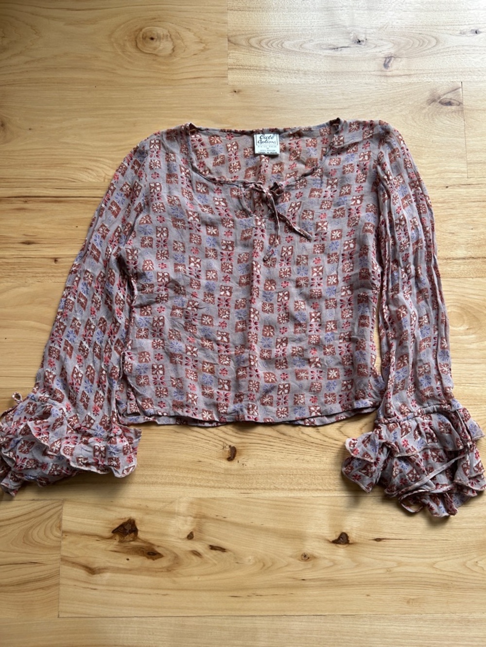 Lightweight Vintage Boho Floral Tie-Neck Blouse in Dusty Rose